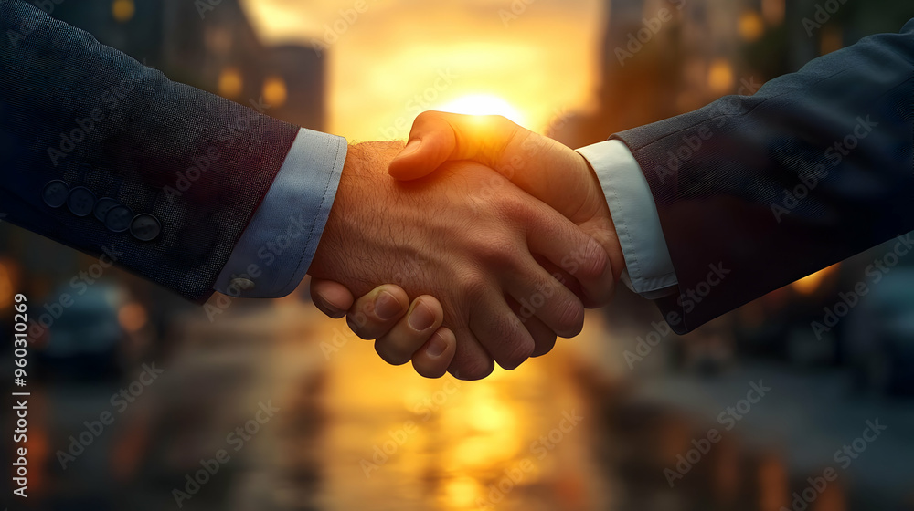 Two hands shaking at sunset, symbolizing partnership and agreement. Two hands shaking at sunset, symbolizing partnership and agreement.