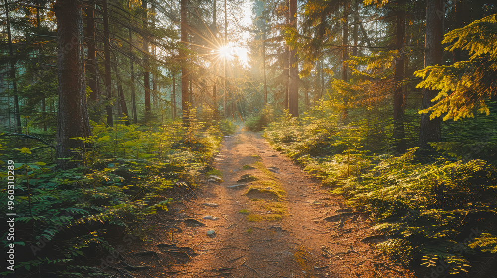 Fototapeta premium Scenic view of a forest trail with sunlight streaming through the trees, golden hour light.
