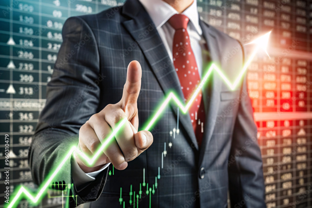 A businessman touching a glowing upward trend line on a holographic graph, emphasizing positive market performance or economic growth A businessman touching a glowing upward trend line on a holographic graph, emphasizing positive market performance or economic growth