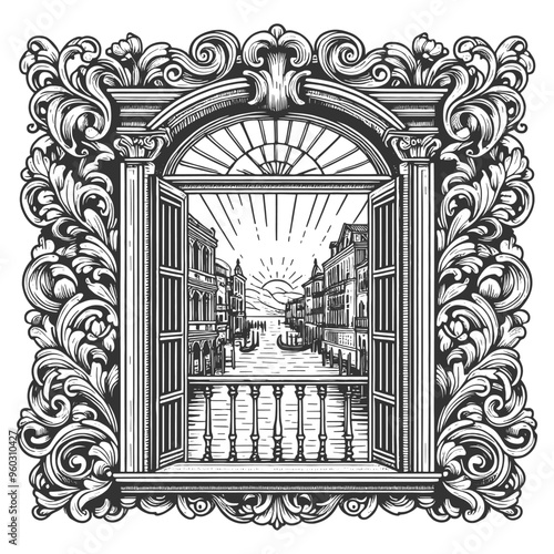 ornate window frame with a canal view, gondolas and classic architecture, romantic, vintage style sketch engraving generative ai vector illustration. Scratch board imitation. Black and white image.