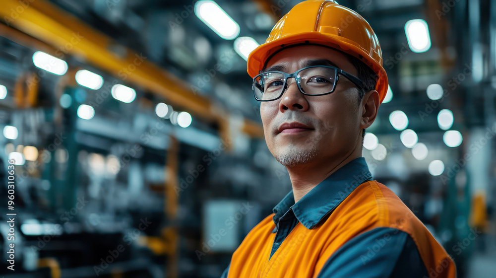 A man wearing a blue jacket and orange helmet stands in front of a wall. Generative AI A man wearing a blue jacket and orange helmet stands in front of a wall. Generative AI