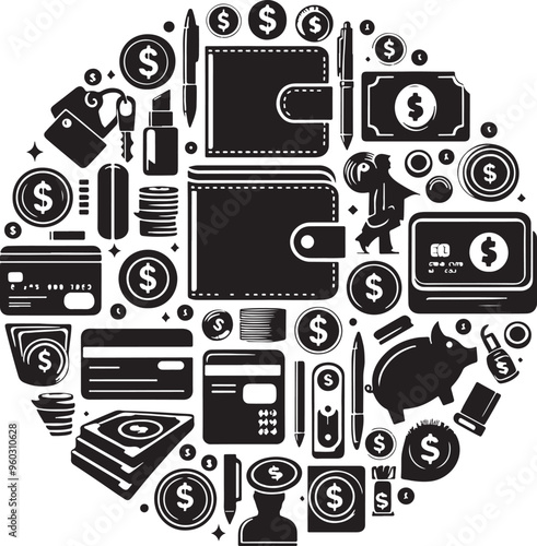 Black silhouette vector illustration of different types of money-related objects, such as a wallet, credit card, coins, and cash, arranged in a circular pattern on a solid white background. The design