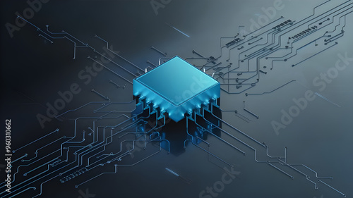 Futuristic Circuit Board with Central Processor. A captivating image of a complex circuit board, showcasing intricate pathways and glowing blue lines.