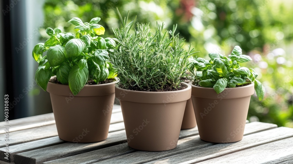 Small herb garden with neatly labeled pots of basil, rosemar Small herb garden with neatly labeled pots of basil, rosemar