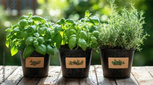 Small herb garden with neatly labeled pots of basil, rosemar photo