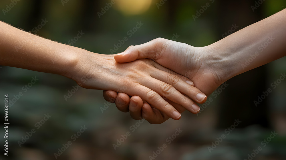 Two hands shaking in a natural setting, symbolizing agreement. Two hands shaking in a natural setting, symbolizing agreement.