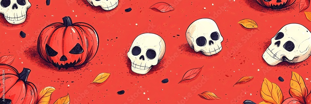 The image features multiple skulls and jack-o'-lanterns adorned with scattered leaves on a bright red background, evoking a festive and eerie atmosphere perfect for Halloween. The image features multiple skulls and jack-o'-lanterns adorned with scattered leaves on a bright red background, evoking a festive and eerie atmosphere perfect for Halloween.
