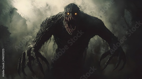 Monstrous Humanoid Creature with Gaping Maw and Razor Sharp Teeth in Ominous Dark Atmosphere photo