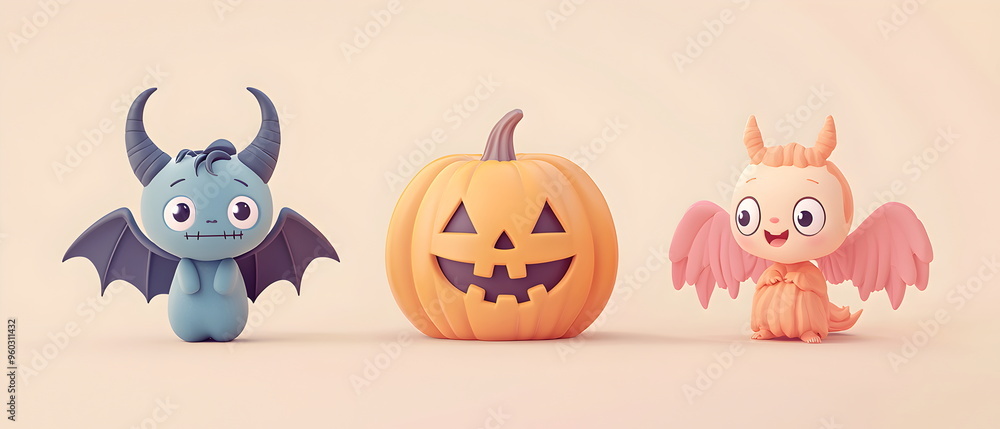 Obraz premium A vector set of 3 Halloween characters in 3d clay design, including a Devil, Jack-o'-lantern with the silly face, and an cute Angel, adorable and festive, isolated on a clean pastel color background