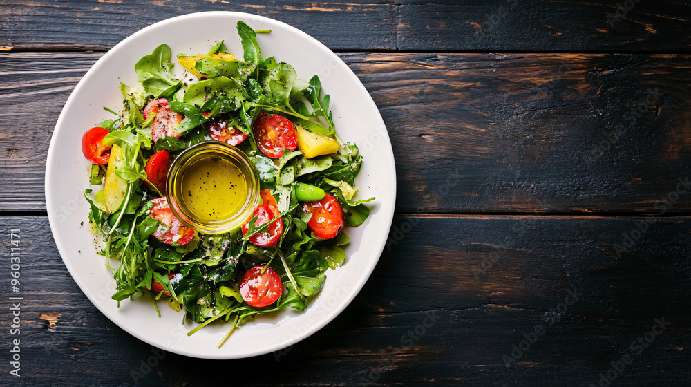 Fresh and vibrant salad is served on a white plate over a dark wooden table, showcasing healthy eating and fresh ingredients Fresh and vibrant salad is served on a white plate over a dark wooden table, showcasing healthy eating and fresh ingredients