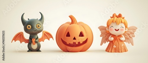 A vector set of 3 Halloween characters in 3d clay design, including a Devil, Jack-o'-lantern with the silly face, and an cute Angel, adorable and festive, isolated on a clean pastel color background