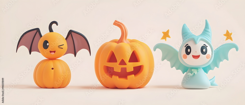 A vector set of 3 Halloween characters in 3d clay design, including a Devil, Jack-o'-lantern with the silly face, and an cute Angel, adorable and festive, isolated on a clean pastel color background A vector set of 3 Halloween characters in 3d clay design, including a Devil, Jack-o'-lantern with the silly face, and an cute Angel, adorable and festive, isolated on a clean pastel color background