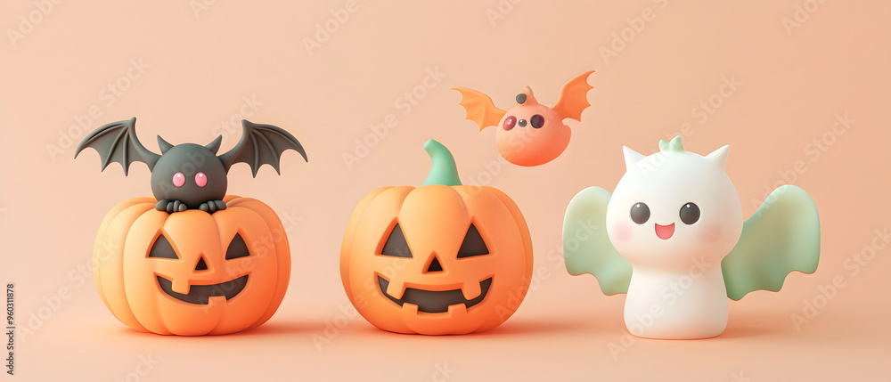 A vector set of 3 Halloween characters in 3d clay design, including a Devil, Jack-o'-lantern with the silly face, and an cute Angel, adorable and festive, isolated on a clean pastel color background A vector set of 3 Halloween characters in 3d clay design, including a Devil, Jack-o'-lantern with the silly face, and an cute Angel, adorable and festive, isolated on a clean pastel color background
