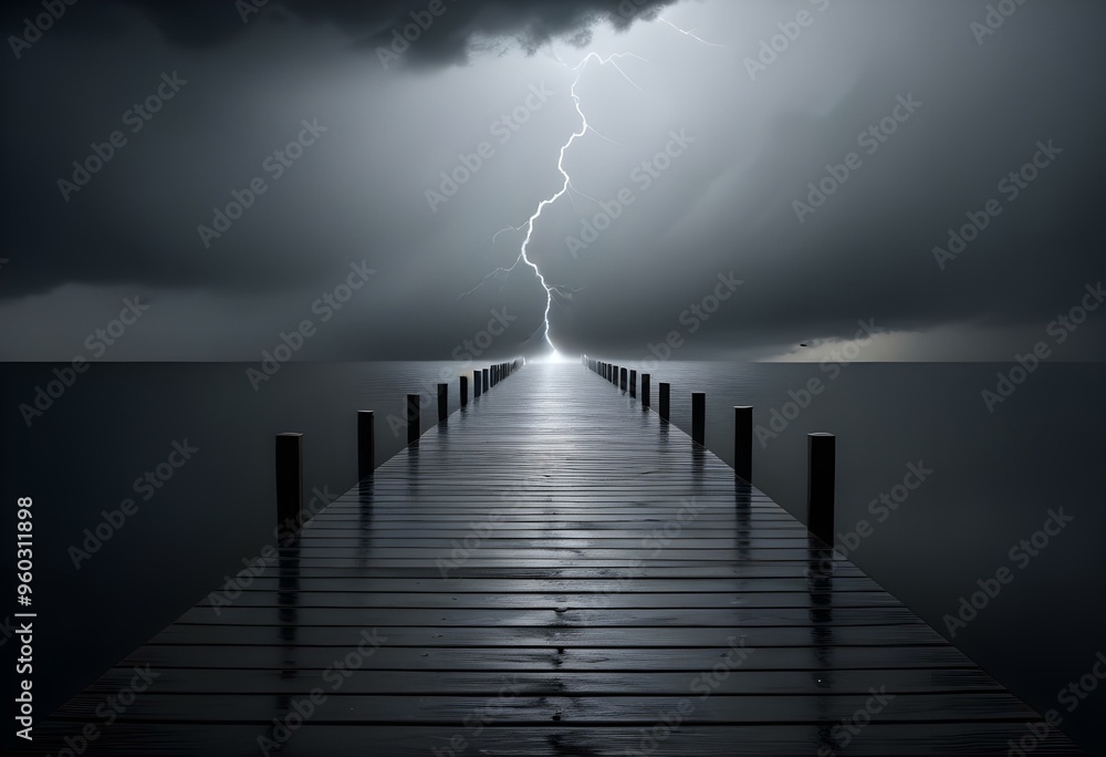 Obraz premium A long wooden dock or pier extending into a dark, misty body of water. The sky is overcast and gloomy, creating an eerie, atmospheric scene