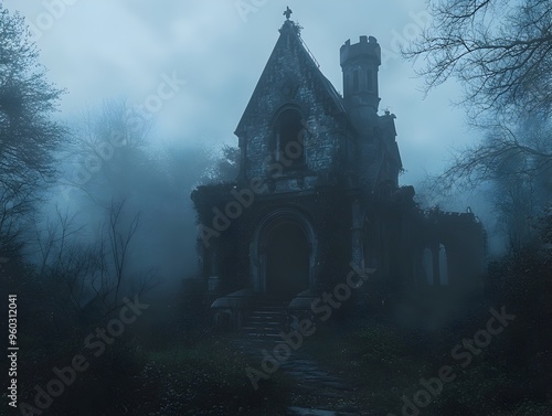 Haunting Spectral Apparitions Shrouded in Eerie Mist at Abandoned Gothic Manor