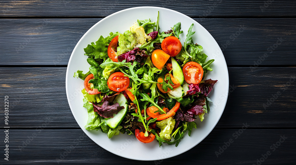 Fresh mixed green salad on a rustic wooden table with a white plate Fresh mixed green salad on a rustic wooden table with a white plate