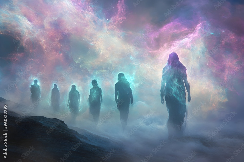 Fototapeta premium Ethereal Spectral Guardians Emerge from Mystical Nebulous Landscape
