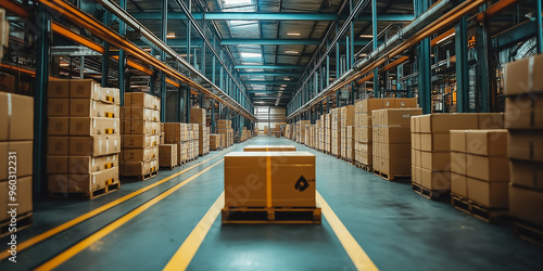 Warehouse Interior with Pallets and Boxes. A wide shot of a warehouse interior featuring pallets stacked with cardboard boxes. The aisles are marked with yellow lines photo