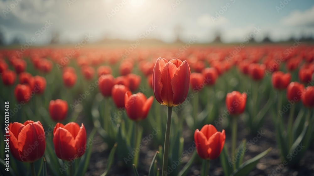 Fototapeta premium Standout Red Tulip in Lush Springtime Field.