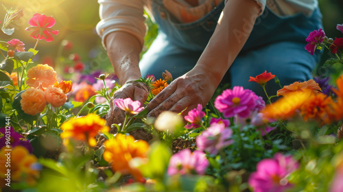 Close-up of a gardener planting flowers, soft morning light,flowers.