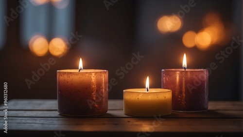 Two lit candles on wooden surface in dim lighting symbolize warmth and tranquility.