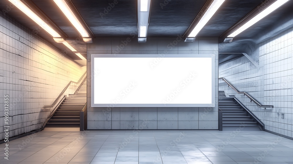 A white advertisement billboard located in an underground subway station. The scene includes the surrounding elements of the station. A white advertisement billboard located in an underground subway station. The scene includes the surrounding elements of the station.
