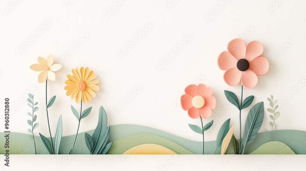 Naklejka premium Tranquil Floral Landscape with Modern Design Elements in Summer Sunlight