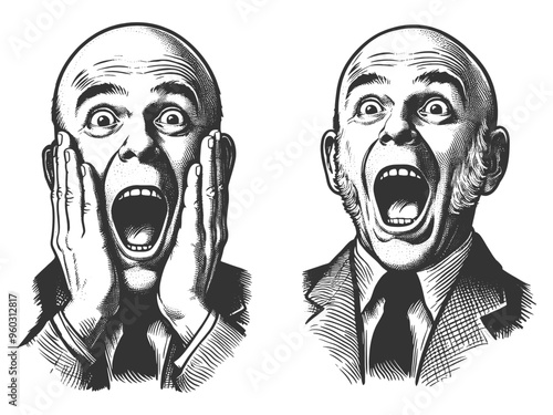 Excited happy surprised bald man screaming in shock exaggerated facial expression sketch engraving generative ai fictional character vector illustration. Scratch board imitation. Black and white image