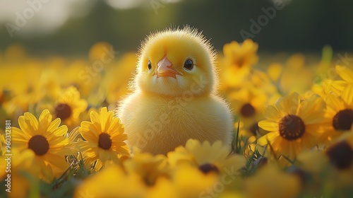 Adorable Yellow Chick in Spring Meadow, Macro Photography with Bokeh Effect, Realistic High-Resolution Detail, Sharp Focus, Natural Light, Soft Shadows, Professional Color Grading