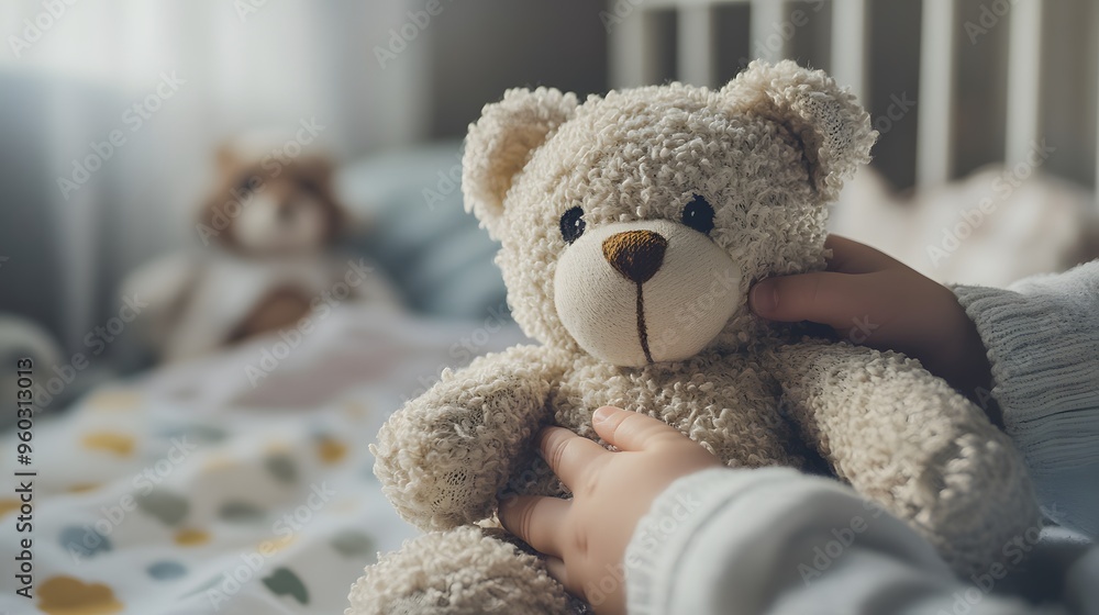 Child’s Hand Holding a Teddy Bear: A small child’s hand clutching a soft, worn teddy bear, with a cozy nursery in the background.
Child’s Hand Holding a Teddy Bear: A small child’s hand clutching a soft, worn teddy bear, with a cozy nursery in the background.