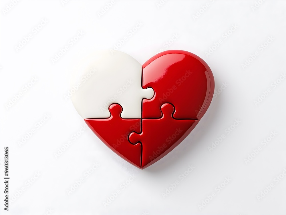 Love and Connection Concept: Heart Shaped Puzzle with Red and White Pieces Love and Connection Concept: Heart Shaped Puzzle with Red and White Pieces
