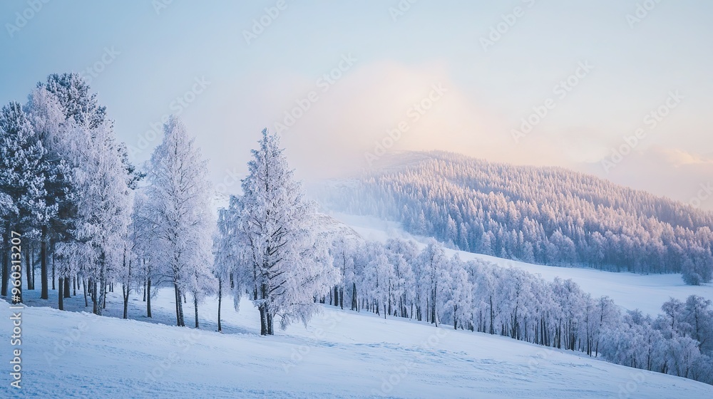 Winter landscape with snow-covered trees and misty mountains in a serene, tranquil setting during early morning light Winter landscape with snow-covered trees and misty mountains in a serene, tranquil setting during early morning light