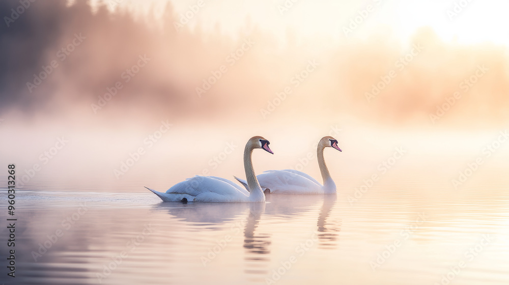 Fototapeta premium Two Swans in Foggy Lake at Sunrise