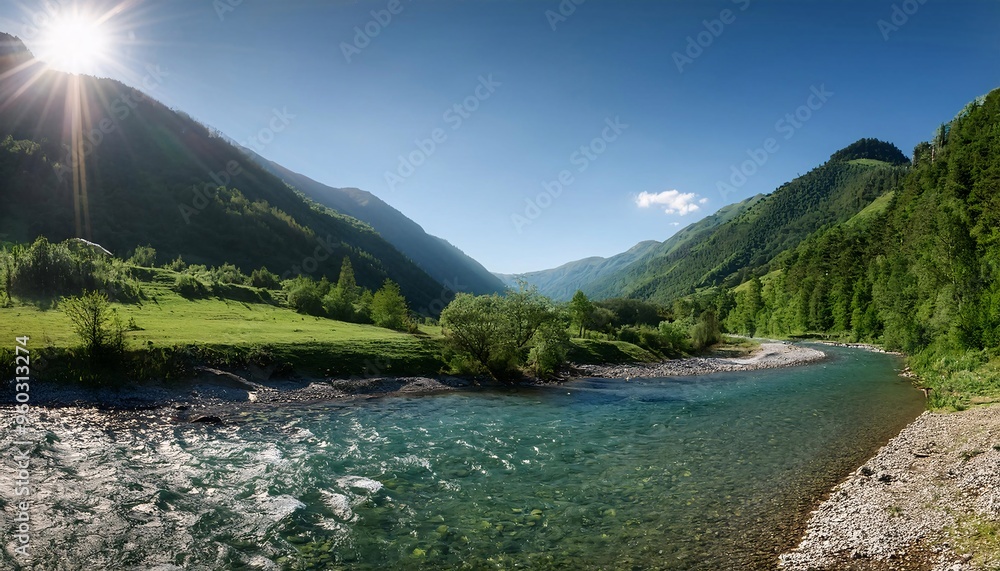 A crystal-clear river winding through a verdant valley, with sunlight dancing on the water and the landscape lush and vibrant A crystal-clear river winding through a verdant valley, with sunlight dancing on the water and the landscape lush and vibrant