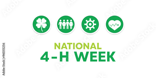 National 4 - H Week. Clover leaves, people, gear and hearts. Great for cards, banners, posters, social media and more. White background.
