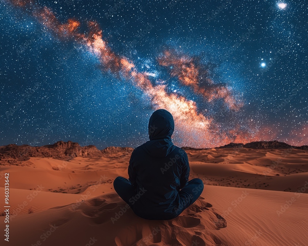 Adventurous Solo Traveler Enjoying Camping under Starlit Skies in Isolated Desert Wilderness Adventurous Solo Traveler Enjoying Camping under Starlit Skies in Isolated Desert Wilderness