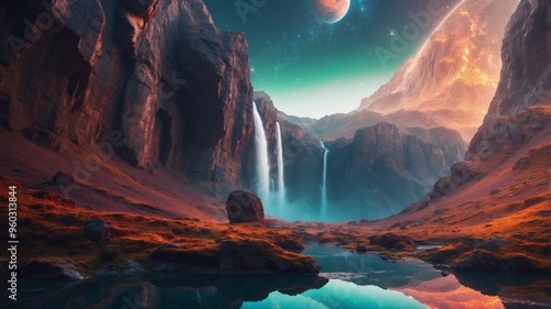 Stunning Futuristic Alien Landscape with Glowing Waterfalls and Dramatic Cosmic Scenery. photo