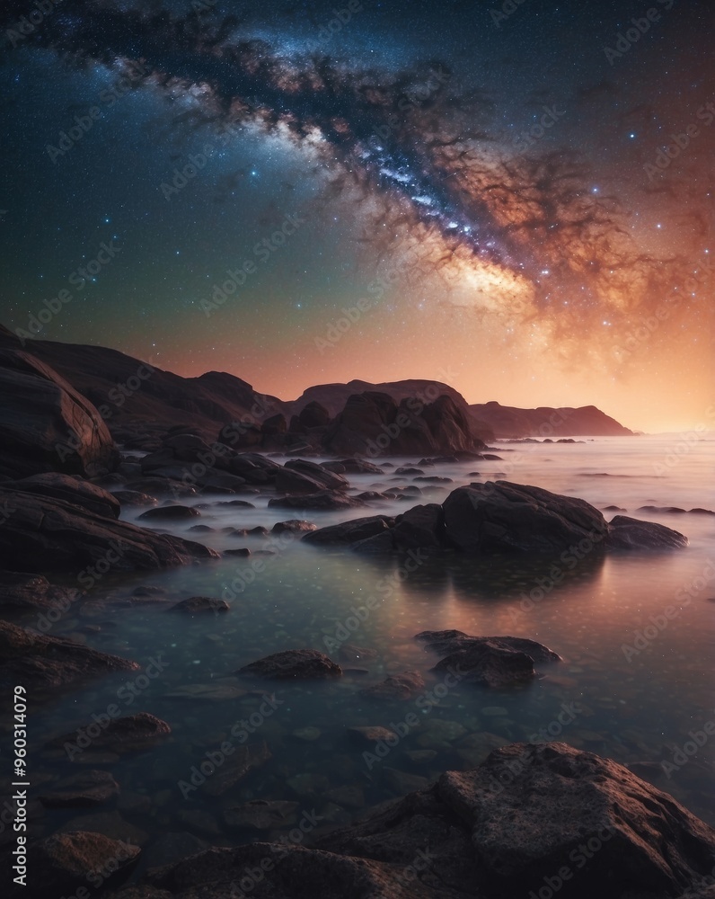 Fototapeta premium Serene Starry Night Seascape with Milky Way Reflection.