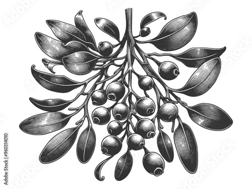 mistletoe branch, berries and leaves, symbolizing Christmas fair holiday traditions and winter decor sketch engraving generative ai vector illustration. Scratch board imitation. Black and white image.