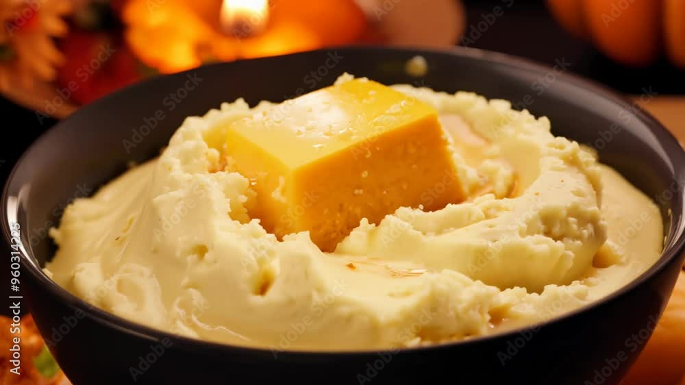 360 degree video of creamy mashed potatoes, topped with a pat of butter. 360 degree video of creamy mashed potatoes, topped with a pat of butter.