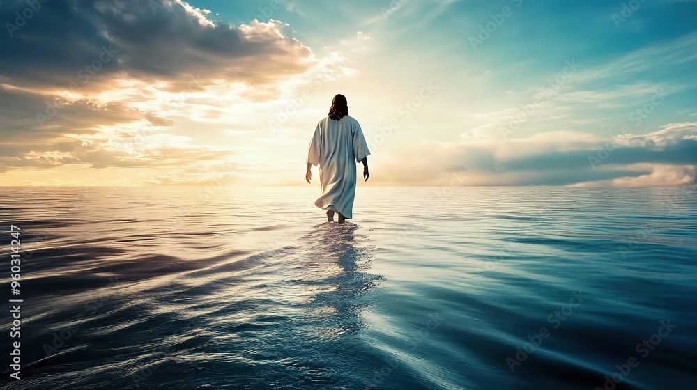 A figure walks through gentle waters toward a sailing boat at sunset, capturing a serene moment of reflection and adventure A figure walks through gentle waters toward a sailing boat at sunset, capturing a serene moment of reflection and adventure