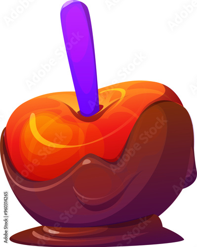 Cartoon Halloween holiday candy apple, vector Helloween sweets and dessert food. Caramel, toffee or chocolate covered red apple fruit with stick. Halloween trick or treat horror night party sweets