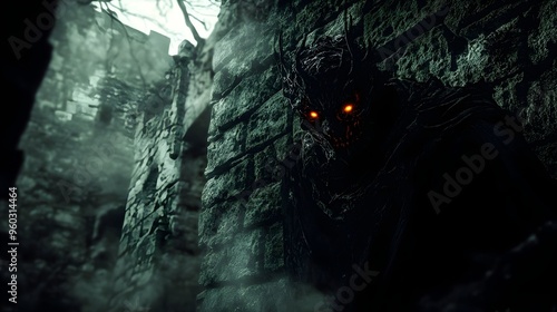 Malevolent Presence Lurking in the Shadows with Piercing Glowing Eyes in Moody Gothic Castle Ruins photo