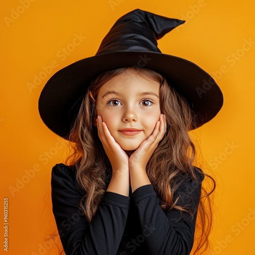 A surprised girl wearing a witch hat and black dress against a vibrant orange background during a Halloween celebration