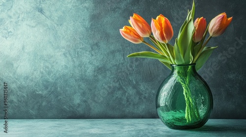 Wallpaper Mural Vase made of recycled glass, with a green tint, holding a simple arrangement of fresh tulips. Torontodigital.ca