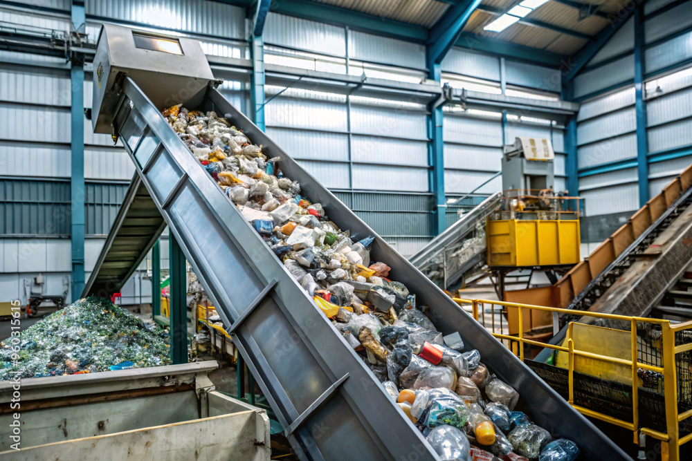 A recycling plant with machinery sorting various plastics and waste materials, emphasizing the importance of processing waste to reduce pollution and support sustainability A recycling plant with machinery sorting various plastics and waste materials, emphasizing the importance of processing waste to reduce pollution and support sustainability
