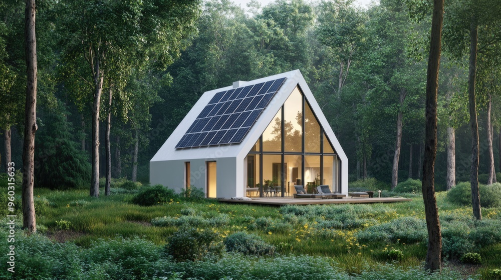 Fototapeta premium View of white solar panels on a sleek, minimalist house in a forest setting, harmonizing with nature