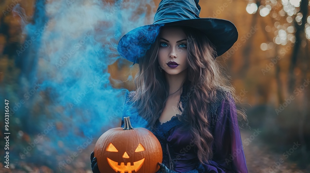 A young woman in a purple witch costume holding a carved pumpkin in a misty forest during autumn twilight A young woman in a purple witch costume holding a carved pumpkin in a misty forest during autumn twilight