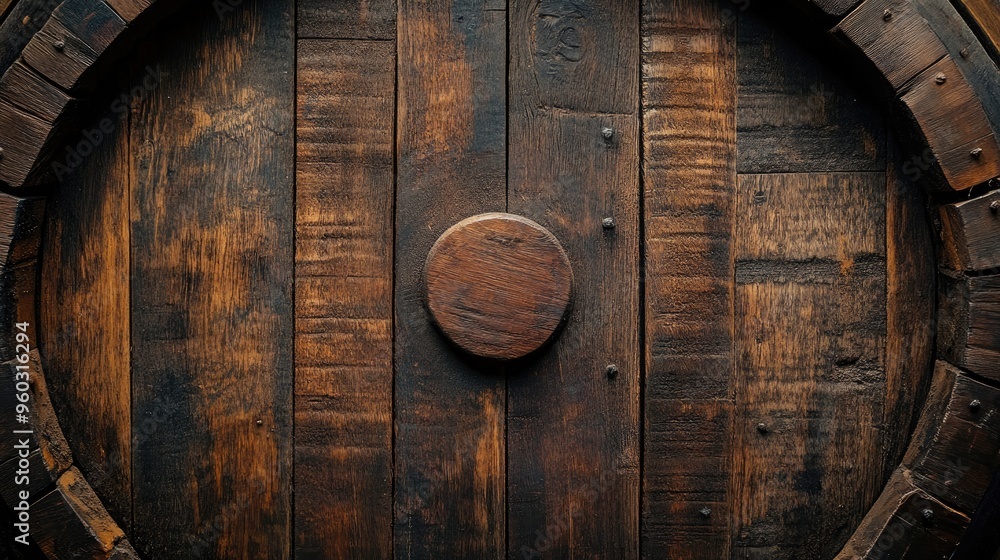 Fototapeta premium Weathered wooden barrel background with visible rings and textures, ideal for a vintage or rustic theme.