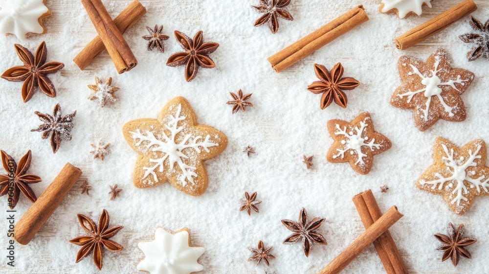 White background with Christmas cookies, cinnamon sticks, and star anise on snow-covered wooden surface, top view White background with Christmas cookies, cinnamon sticks, and star anise on snow-covered wooden surface, top view